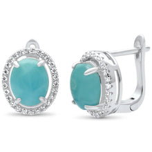 Load image into Gallery viewer, Sterling Silver Natural Larimar Oval Halo Cubic Zirconia Earrings