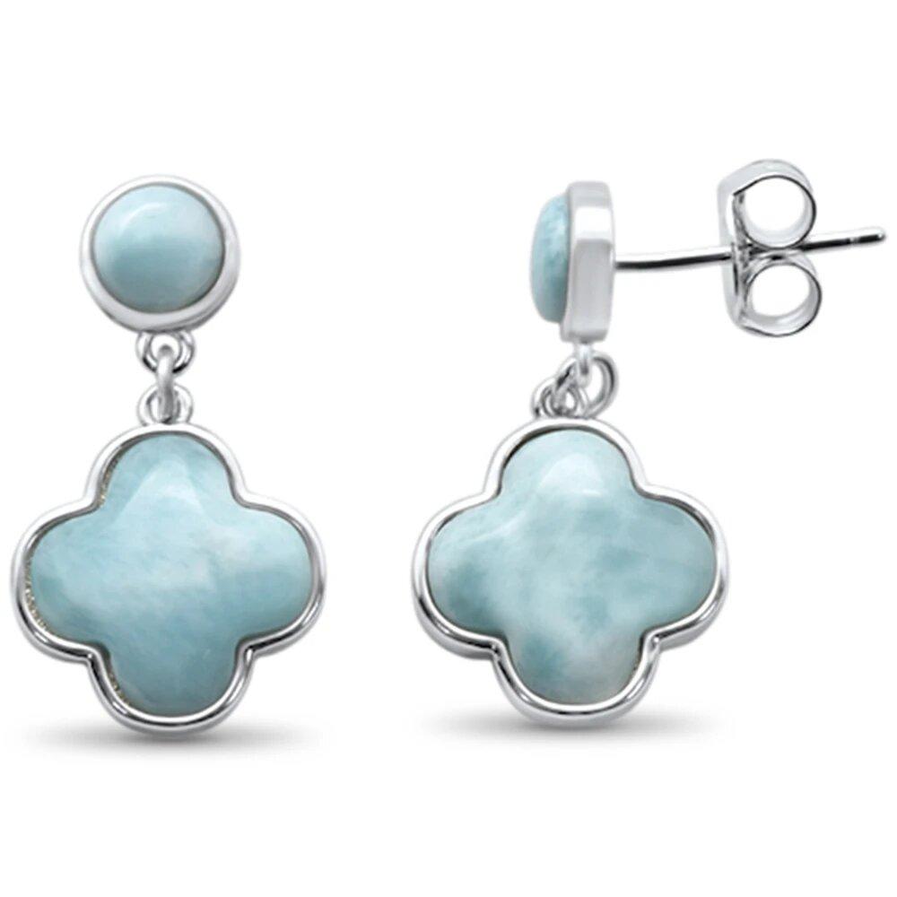 Sterling Silver Natural Larimar Clover Flower Drop Dangle Earrings