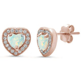 Sterling Silver Rose Gold Plated White Opal and Pave Cz Heart Earrings