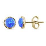Sterling Silver Yellow Gold Plated Round Braided Milgrain Blue Opal Stud Earrings