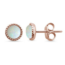 Load image into Gallery viewer, Sterling Silver Rose Gold Plated Round Braided Milgrain White Opal Earrings