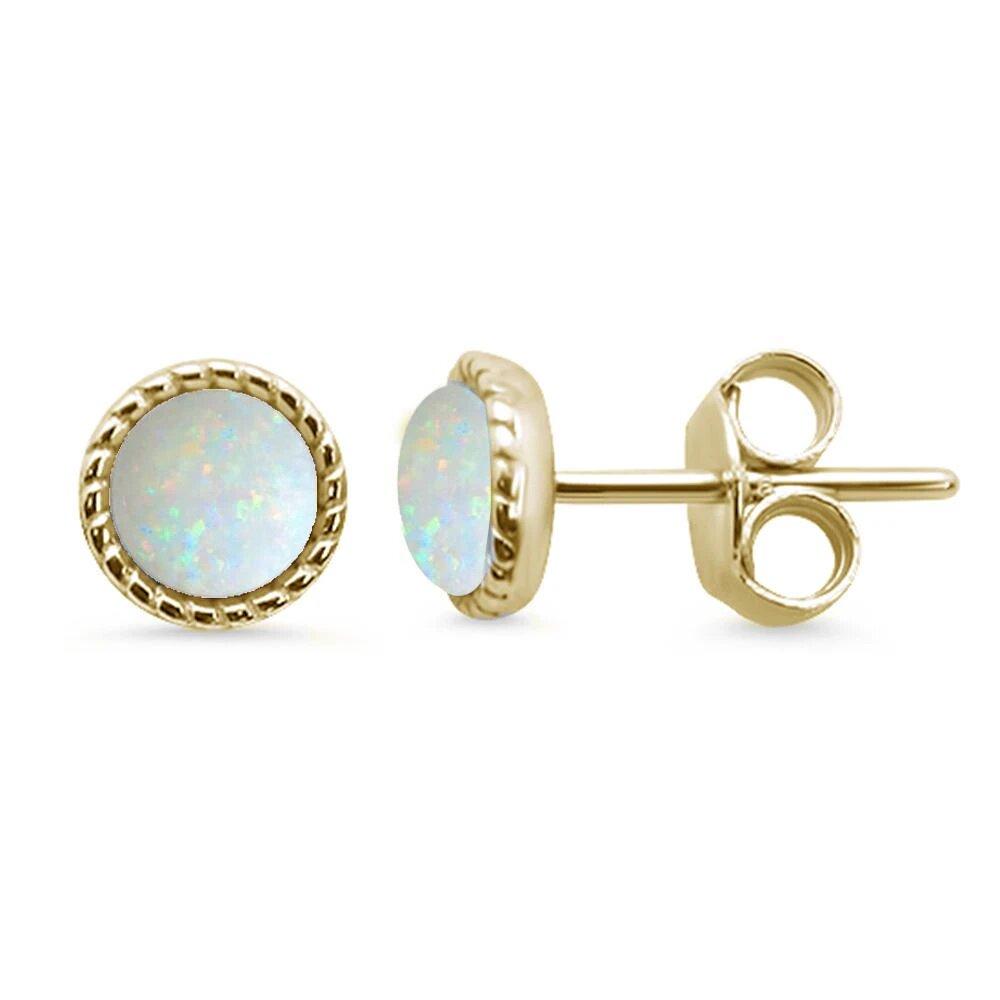 Sterling Silver Yellow Gold Plated Round Braided Milgrain White Opal Stud Earrings