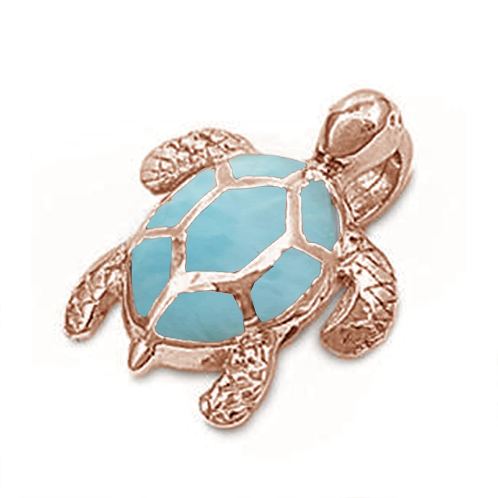 Sterling Silver Rose Gold Plated Sea Turtle Natural Larimar Pendant