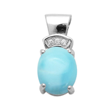 Sterling Silver Natural Larimar Oval Shape and Cz Pendant