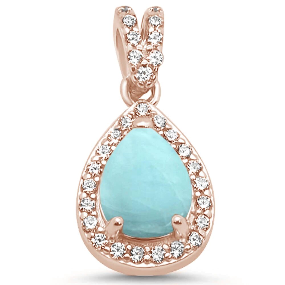 Sterling Silver Rose Gold Plated Pear Natural Larimar and CZ Pendant
