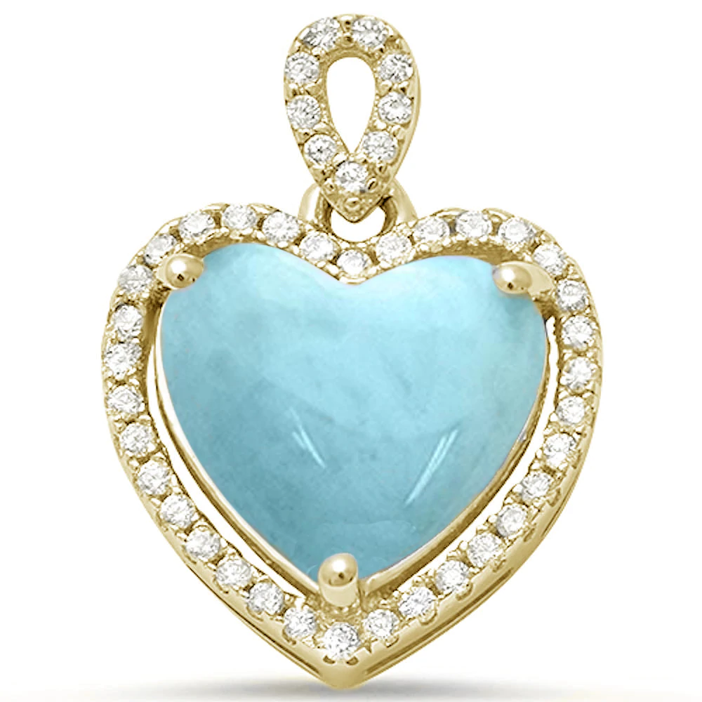 Sterling Silver Yellow Gold Plated Natural Larimar and Cz Heart Charm Pendant