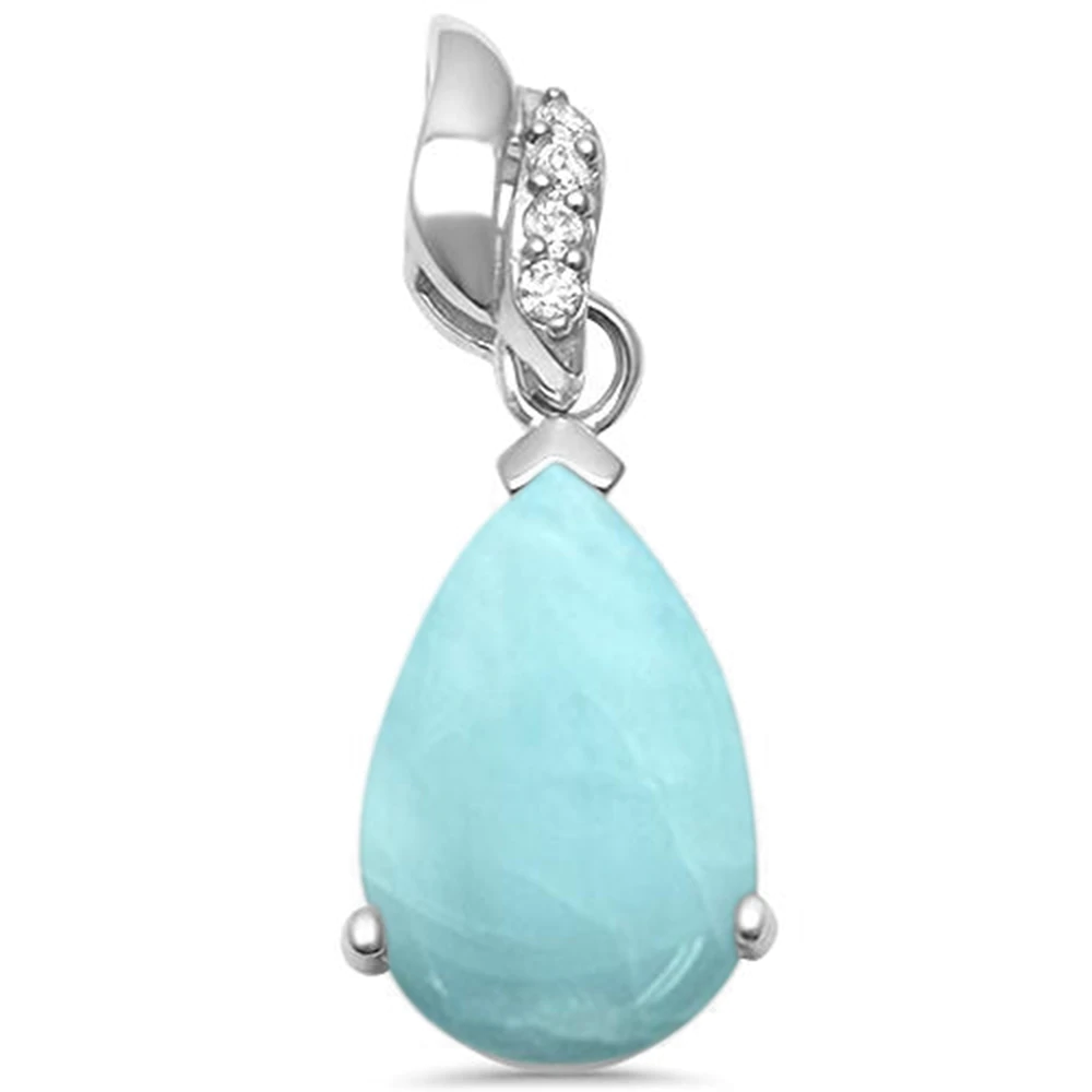 Sterling Silver Natural Larimar Pear Shape and CZ Pendant