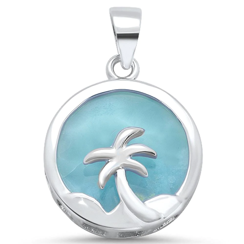 Sterling Silver Natural Round Larimar with Palm Tree Design Pendant