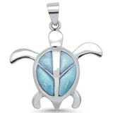 Sterling Silver Natural Larimar Turtle with Peace Sign Design Pendant