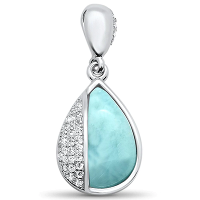 Sterling Silver Elegant Natural Larimar and Cz Drop Pendant