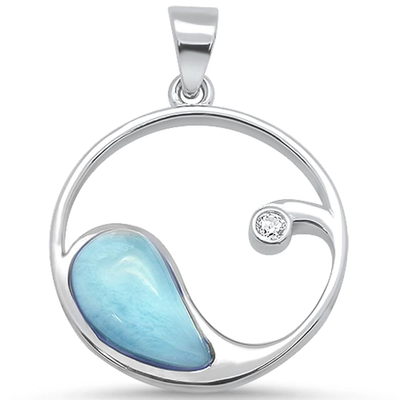 Sterling Silver Natural Larimar and Cz Wave Design Pendant