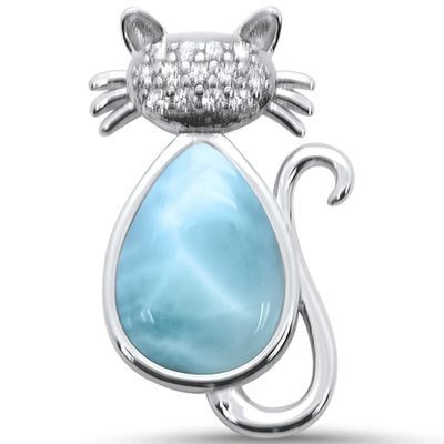 Sterling Silver Natural Larimar and Cz Cat Pendant