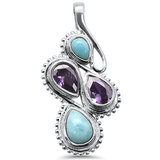 Sterling Silver Natural Larimar Pear and Amethyst Charm Pendant