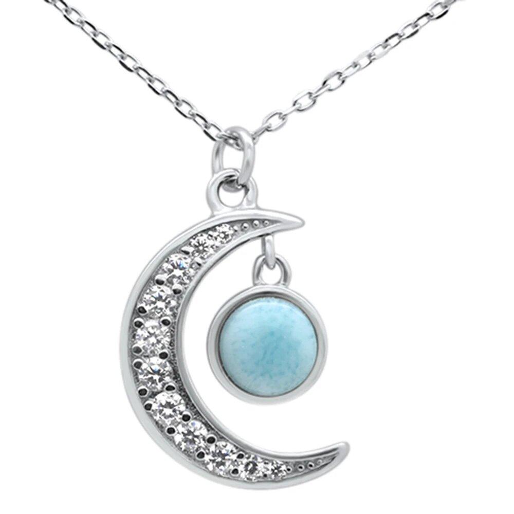 Sterling Silver Natural Larimar Half Moon Circle Celestial Pendant Necklace