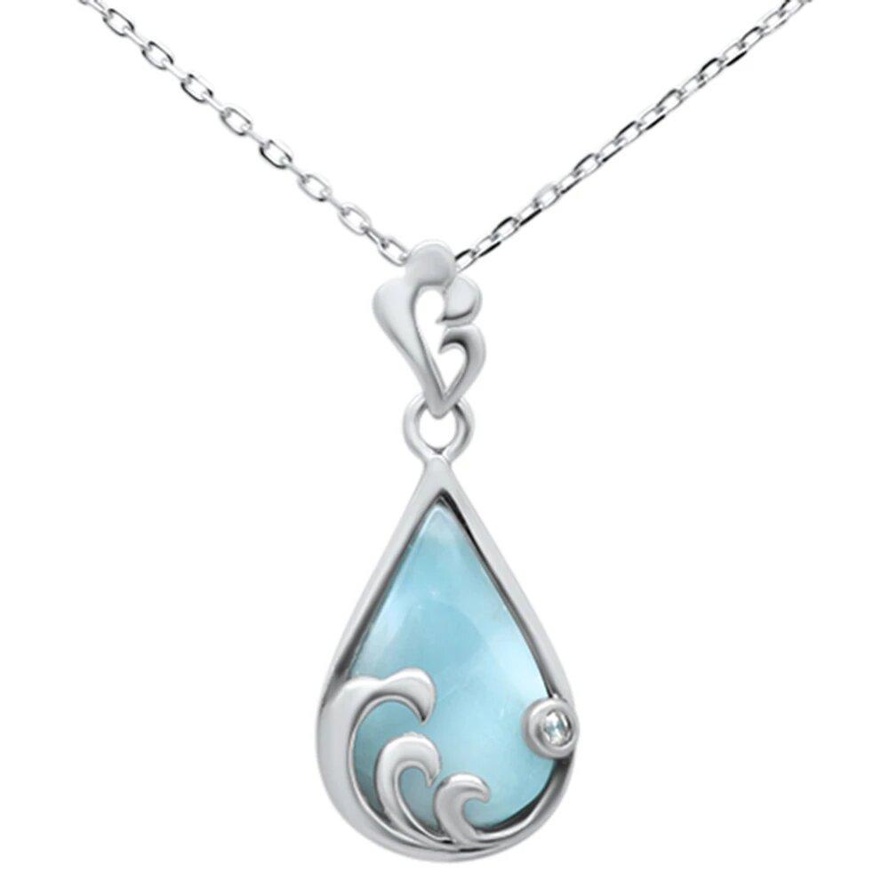 Sterling Silver Natural Larimar Tear Drop Shape Ocean Wave Pendant Necklace