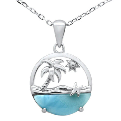Sterling Silver Natural Larimar Palm Tree Ocean Beach Landscape Pendant Necklace