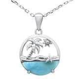 Sterling Silver Natural Larimar Palm Tree Ocean Beach Landscape Pendant Necklace
