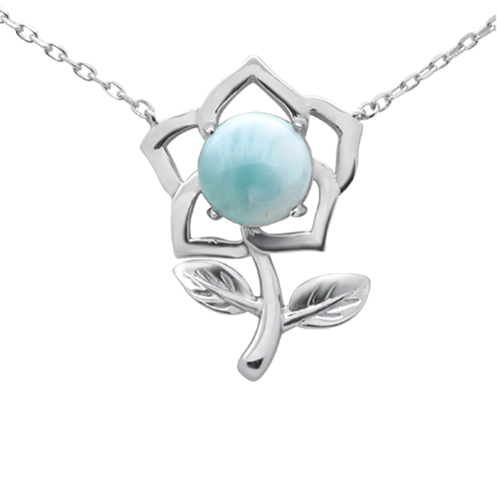 Sterling Silver Natural Larimar Flower Pendant Pendant Necklace 16-18 inch Extension