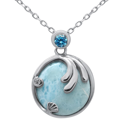 Sterling Silver Natural Larimar and Blue Topaz Pendant Necklace 16-18 inch Extension