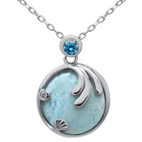 Sterling Silver Natural Larimar and Blue Topaz Pendant Necklace 16-18 inch Extension