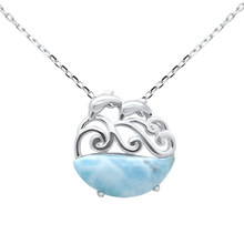 Load image into Gallery viewer, Sterling Silver Natural Larimar Dolphin Waves Pendant Necklace 16-18 inch Extension