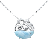 Sterling Silver Natural Larimar Dolphin Waves Pendant Necklace 16-18 inch Extension