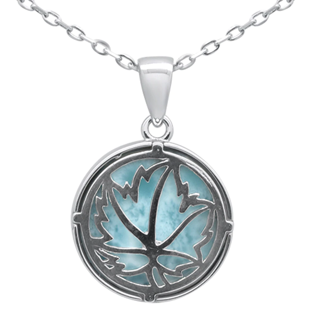 Sterling Silver Natural Larimar Maple Leaf Pendant Necklace 16-18 inch Extension
