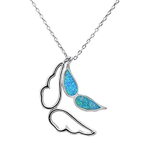 Sterling Silver Blue Opal Angel Wings Design Pendant Necklace