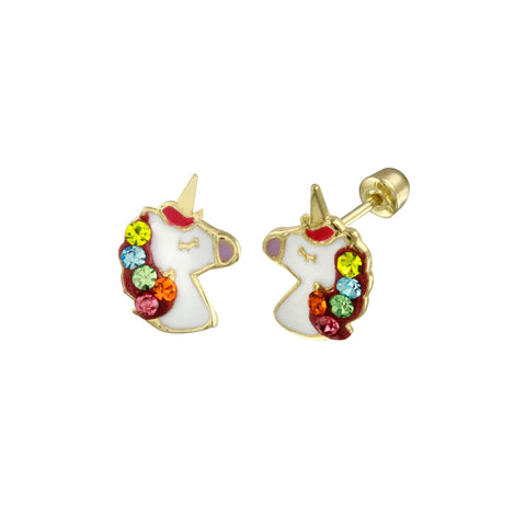 14K Yellow Gold White Enamel Unicorn CZ Earrings