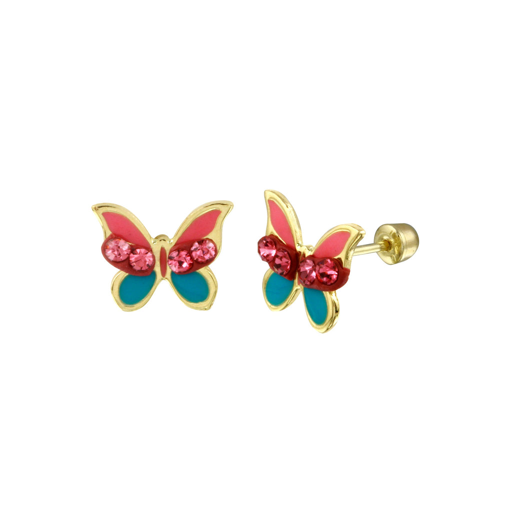 14K Yellow Gold Red and Blue Enamel Butterfly CZ Earrings