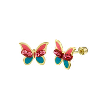 Load image into Gallery viewer, 14K Yellow Gold Red and Blue Enamel Butterfly CZ Earrings