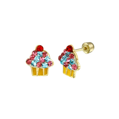 OroTrue 14K Yellow Gold Red Enamel Cupcake CZ Earrings