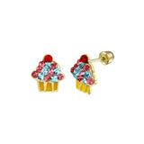 14K Yellow Gold Red Enamel Cupcake CZ Earrings
