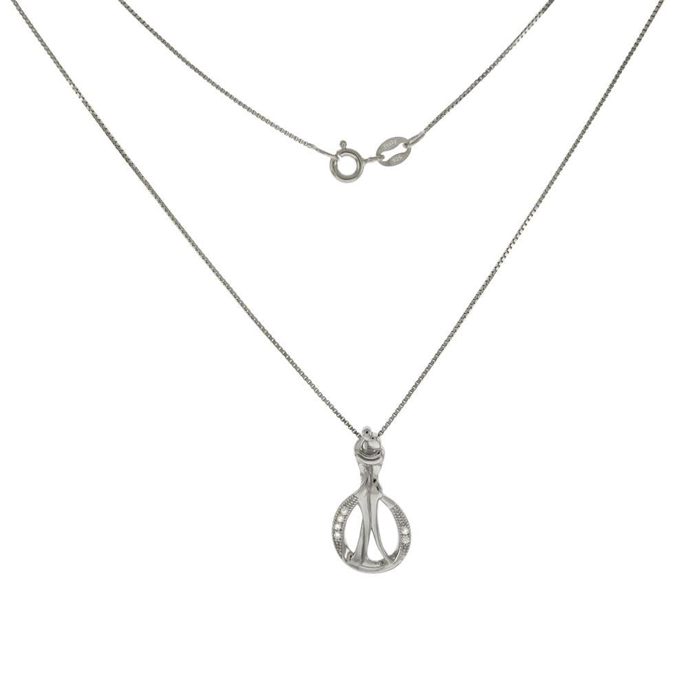 Sterling Silver Box Chain W. Dancing Couple CZ Rhodium Pendant Necklace