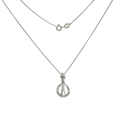 Sterling Silver Box Chain W. Dancing Couple CZ Rhodium Pendant Necklace
