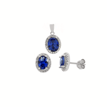 Load image into Gallery viewer, Sterling Silver Oval Simulated Tanzanite And CZ Halo Earrings And Pendant Set