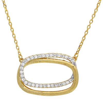 Sterling Silver Gold Plated Double CZ Open Oval Necklace