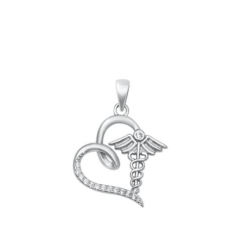 Sterling Silver CZ Heart Caduceus Pendant