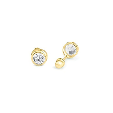 14K Yellow Gold Round Bezel Clear CZ Screw Back Stud Earrings
