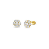 14K Yellow Gold Flower CZ Screw Back Stud Earrings