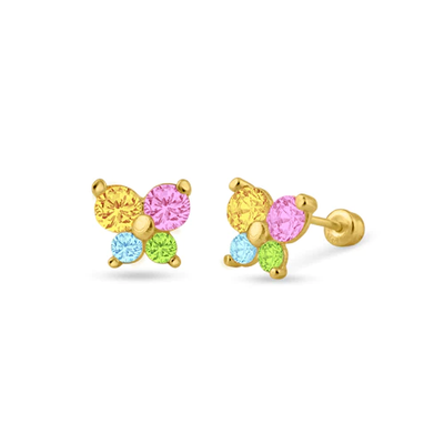 14K Yellow Gold Butterfly Multicolor CZ Screw Back Stud Earrings Dimension-6.2mmx5.5mm