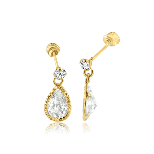 14K Yellow Gold CZ Teardrop Dangling Screw Back Stud Earrings Dimensions-5.5mmx11.7mm