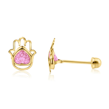 Load image into Gallery viewer, 14K Yellow Gold Hamsa Heart Pink CZ Screw Back Stud Earrings Dimensions-6.5mmx7.5mm