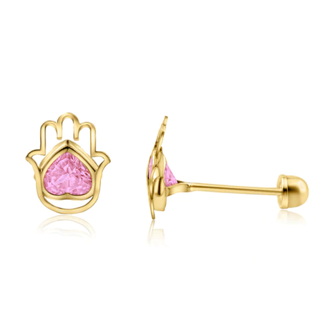 14K Yellow Gold Hamsa Heart Pink CZ Screw Back Stud Earrings Dimensions-6.5mmx7.5mm