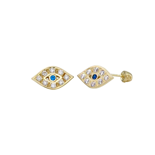 14K Yellow Gold CZ Evil Eye Screw Back Earrings Dimensions-4.4mmx7.1mm