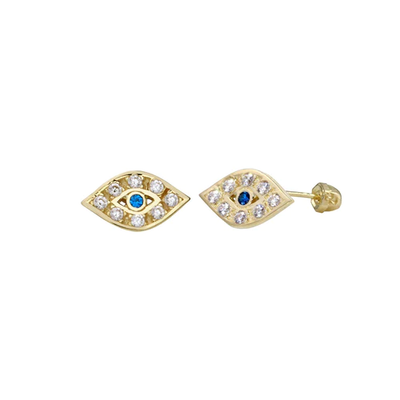 14K Yellow Gold CZ Evil Eye Screw Back Earrings Dimensions-4.4mmx7.1mm