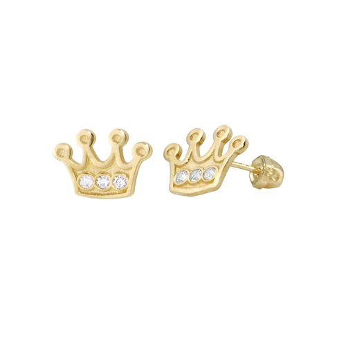 14K Yellow Gold CZ Crown Screw Back Earrings Dimensions-5.2mmx6.9mm