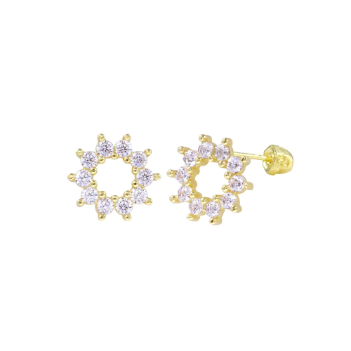 14K Yellow Gold Open Sunflower CZ Screw Back Earrings Dimensions-6.4mm