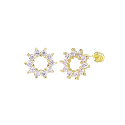 14K Yellow Gold Open Sunflower CZ Screw Back Earrings Dimensions-6.4mm