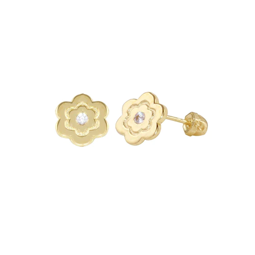 14K Yellow Gold Flower CZ Center Screw Back Earrings Dimensions-4.2mm
